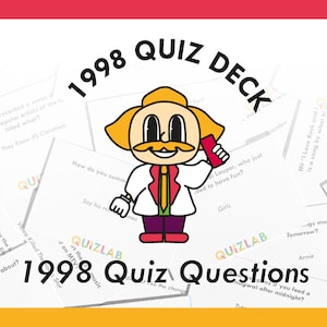 May include: A colourful 1998 quiz deck featuring a cartoon character on the phone. The deck includes questions about popular music, films, and events from 1998.