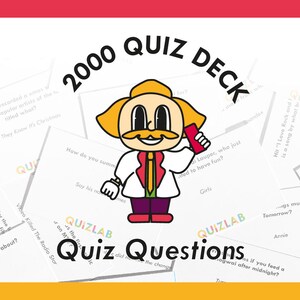 May include: A colorful illustration of a cartoon character holding a phone with the text "2000 QUIZ DECK" and "Quiz Questions" in a yellow, red, and green background.