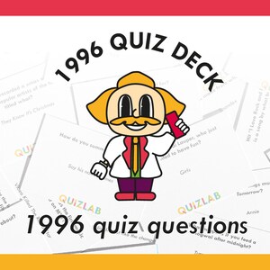 May include: A colorful 1996 quiz deck with a cartoon character holding a phone. The deck includes questions about popular music, movies, and events from 1996.