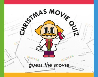Pode incluir: Um jogo de quiz de filmes de Natal colorido com um personagem de desenho animado segurando um telefone vermelho. O jogo apresenta perguntas sobre filmes de Natal populares.