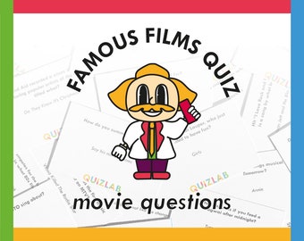Può includere: Un'illustrazione colorata di un personaggio dei cartoni animati che tiene un telefono con il testo "Famous Films Quiz" e "Movie Questions" in un cerchio attorno al personaggio. L'immagine è circondata da carte con domande di trivia sui film.