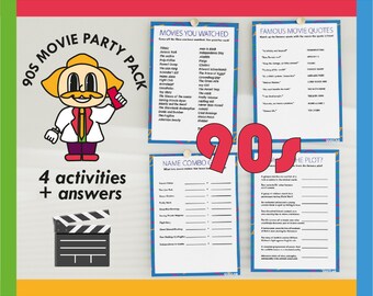 Può includere: Un pacchetto per feste a tema film degli anni '90 con quattro attività e risposte. Le attività includono indovinare il film da una citazione, abbinare i nomi dei film a una combinazione di attori, indovinare la trama del film e indovinare il film da un elenco di film. Il pacchetto è decorato con un personaggio dei cartoni animati che indossa un camice da laboratorio bianco e una cravatta rossa.