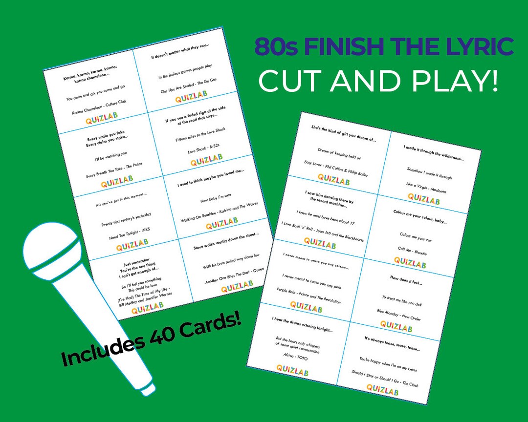 80s Finish the Lyric Card Game Songs of the 80s Cut and Play Music Quiz