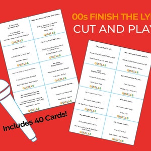 Años 2000 Termina el juego de cartas con letras / Canciones de los años 2000 / Cortar y reproducir / Mazo de preguntas sobre música