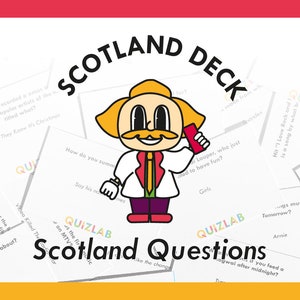 May include: A colorful illustration of a cartoon character with a mustache and a phone, surrounded by cards with text about Scotland. The text on the cards includes questions about Scottish music, culture, and history. The cards are labeled "Quizlab Scotland Questions".