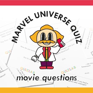 May include: A colorful illustration of a cartoon character holding a red phone, surrounded by white cards with text that reads "Marvel Universe Quiz" and "Quizlab movie questions".