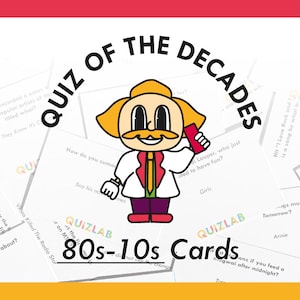 Cuestionario familiar / Paquete de cuestionarios de las Décadas / Preguntas del cuestionario de los años 80, 90, 2000 y 10 / Tarjetas recortadas / Cuestionario de pub de las décadas