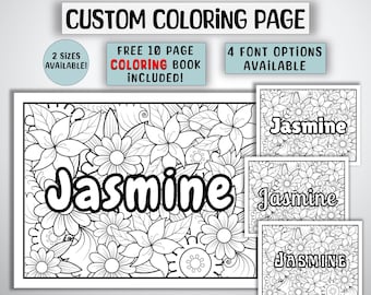 Desenho para colorir personalizado com nome e estampa floral para crianças (Download digital)