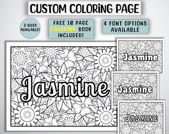 Desenho para colorir floral com nome personalizado, presente infantil personalizado (download digital)