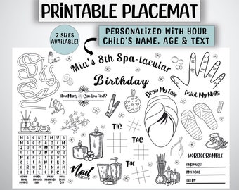 Jogo americano para colorir personalizado para festa de aniversário com tema spa (download digital)