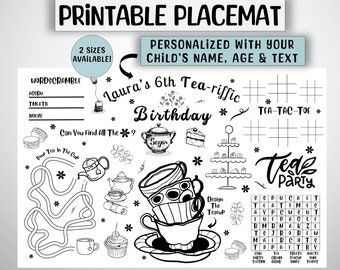 Jogo americano personalizado para atividades de aniversário com tema de festa do chá (Download digital)