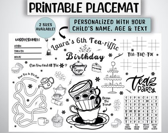 Tea Party Birthday Coloring Placemat, Personalized Gift, Tea Time Coloring Placemat, Printable, Custom, High Tea Birthday Activity Mat