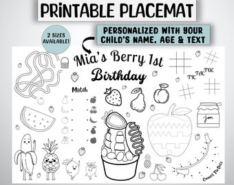 Jogo americano com atividades para o primeiro aniversário da Berry, página para colorir personalizada (download digital)