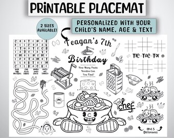 May include: Printable black and white placemat with a pasta theme. It features a bowl of pasta with a face, a chef hat, a pasta maker, a grater, a tic-tac-toe game, a maze, a word search, and a spot the difference game. The text on the placemat says "Feagan's 7th Birthday".