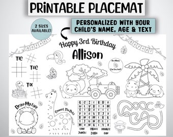 Jogo americano para colorir personalizado com tema safari para festa de aniversário infantil (download digital)