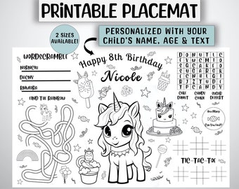 Jogo americano personalizado de aniversário com tema de unicórnio, atividade de colorir (download digital)