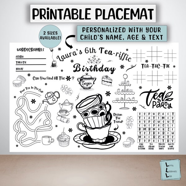 Tea Party Birthday Coloring Placemat, Personalized Gift, Tea Time Coloring Placemat, Printable, Custom, High Tea Birthday Activity Mat