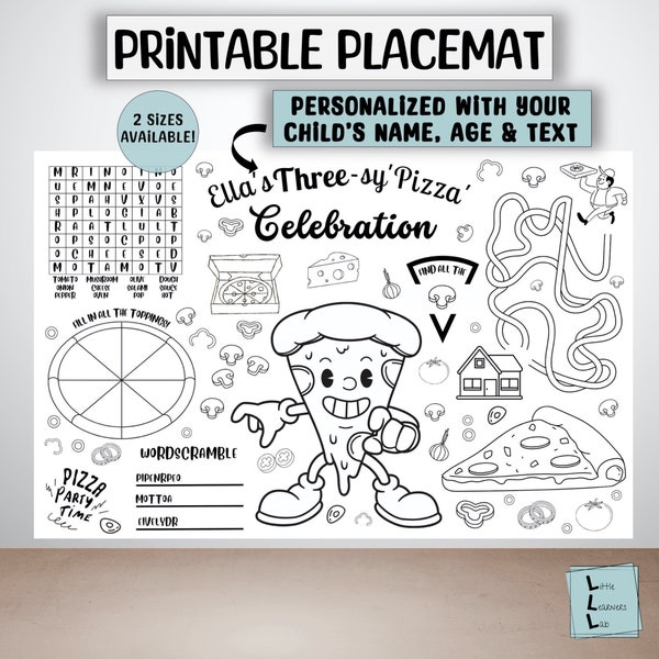 Pizza Birthday Party Coloring Placemat, Personalized Gift, Kids Birthday Game, Pizza Coloring Placemat, Pizza Party, Kid Party Favor