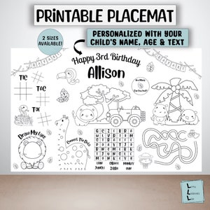 Birthday Party Coloring Placemat, Personalized Gift, Kids Birthday Party Placemat Activity Sheet, Birthday Favor Printable for Kids Party