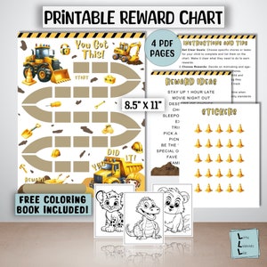 Könnte beinhalten: Druckbarer Belohnungs-Chart für Kinder mit Bau-Thema. Der Chart hat ein Spielbrett mit einem gelben Bauwagen und einen Weg zum Folgen. Der Chart enthält eine Liste von Belohnungsideen und ein Blatt mit gelben Baustellen-Kegel-Aufklebern. Der Chart ist 8,5 Zoll mal 11 Zoll groß.