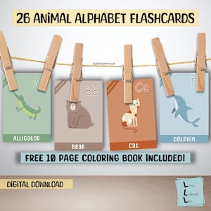 Printable Animal Alphabet Flash Cards, A-Z Cards, 26 ABC Flash Cards, Montessori Cards, Learn ABCs, Alphabet Flashcards,Kids Colors Alphabet