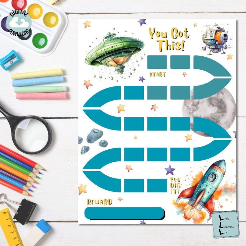May include: A printable space-themed reward chart with a blue and white color scheme. The chart features a rocket, a spaceship, a moon, and stars. The text "You Got This!" and "You Did It!" are included. The chart is designed to help children learn and grow.