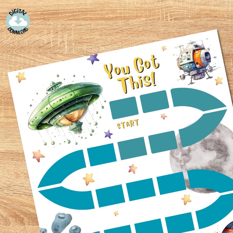 May include: A printable space-themed game board with a blue and teal path, stars, and a spaceship. The text "You Got This!" is at the top of the board. The text "Start" is on the board.