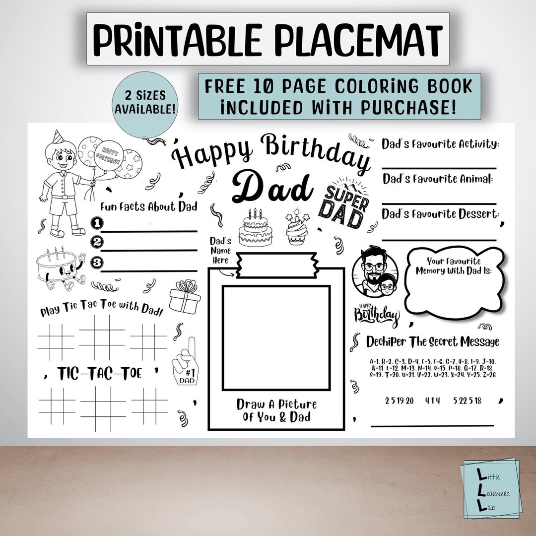 Happy Birthday Dad Coloring Sheet, Happy Birthday Dad Placemat, Bday