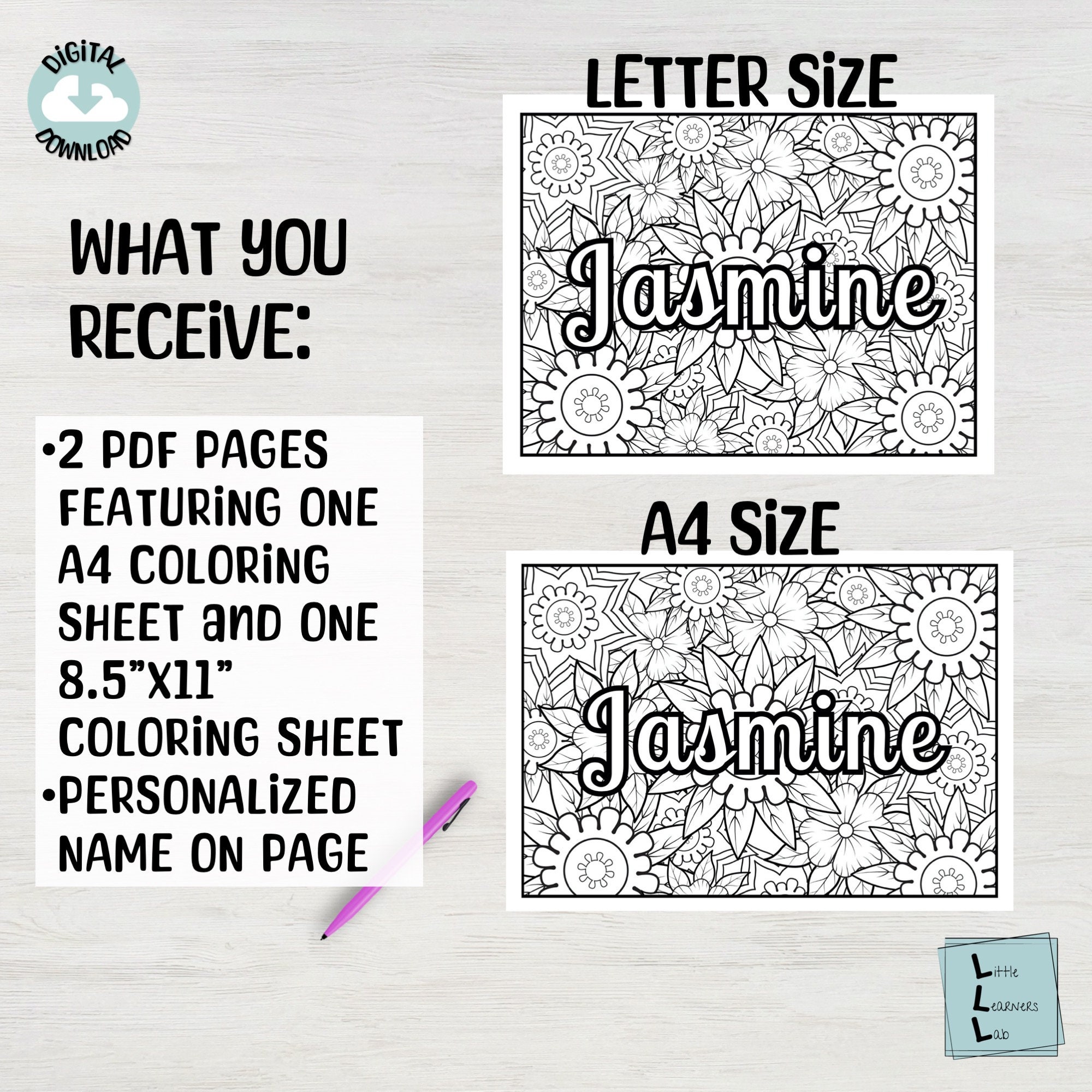 Color Page Name Rj Custom Name Floral Coloring Page, Personalized Kids Gift (digital ...