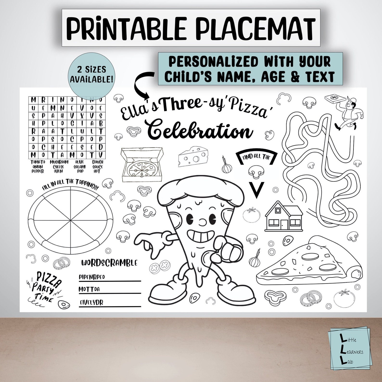 Pizza Birthday Party Coloring Placemat, Personalized Gift, Kids ...