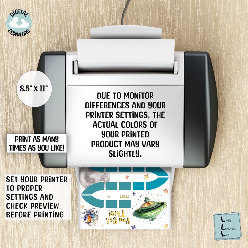 May include: A printable 8.5 x 11 inch digital download featuring a space-themed design with a rocket, a UFO, stars, and the text "Your Got This!" in a whimsical font. The design is printed on a white background with blue and teal accents.