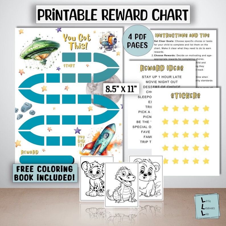 May include: Printable space-themed reward chart for kids. The chart features a rocket ship, stars, and a moon. It includes a "You Got This!" banner and a "You Did It!" banner. The chart is 8.5 inches by 11 inches. It also includes a free coloring book.