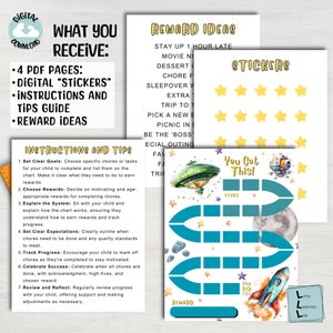 May include: A printable chore chart for kids featuring a space-themed design with a rocket, stars, and planets. The chart includes a reward section, instructions, and a sticker sheet.