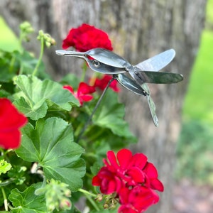 May include: A metal hummingbird sculpture made from recycled spoons, with wings outstretched, perched on a stem in a pot of red geraniums.