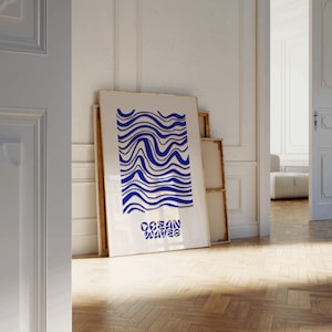Cartel minimalista del diseño del océano, impresión del diseño del mar del arte de la pared de las olas del océano azul