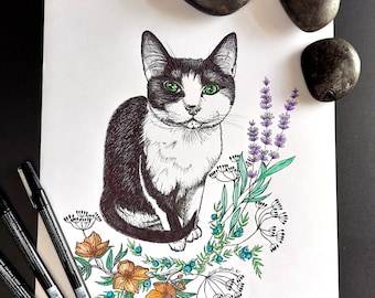 Tuxedo Cat and Botanicals Print / Art Prints