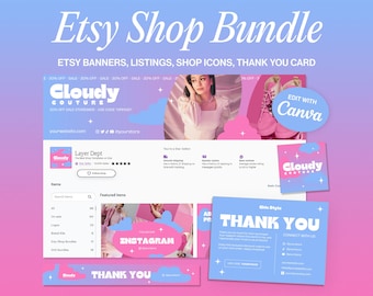 Pink Etsy Shop Bundle Retro Etsy Brand Kit for Fashion Store Funky Etsy Brand Blue Etsy Banner Kit Star Seller Etsy Customizable Templates