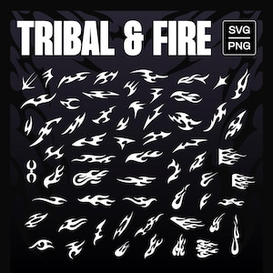 May include: A set of 40 tribal and fire design elements in white on a black background. The designs are perfect for use in crafting, scrapbooking, and other creative projects.