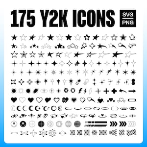 Può includere: Una collezione di 175 icone Y2K in bianco e nero, tra cui stelle, cuori, lune, pianeti e altre forme geometriche.  Formati SVG e PNG disponibili.