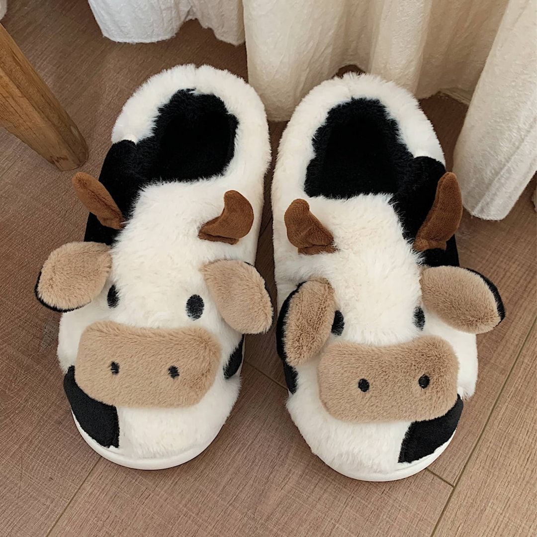 Fluffy Moo Cow Cute Slippers Fuzzy Cow Slippers Animal Cozy Etsy