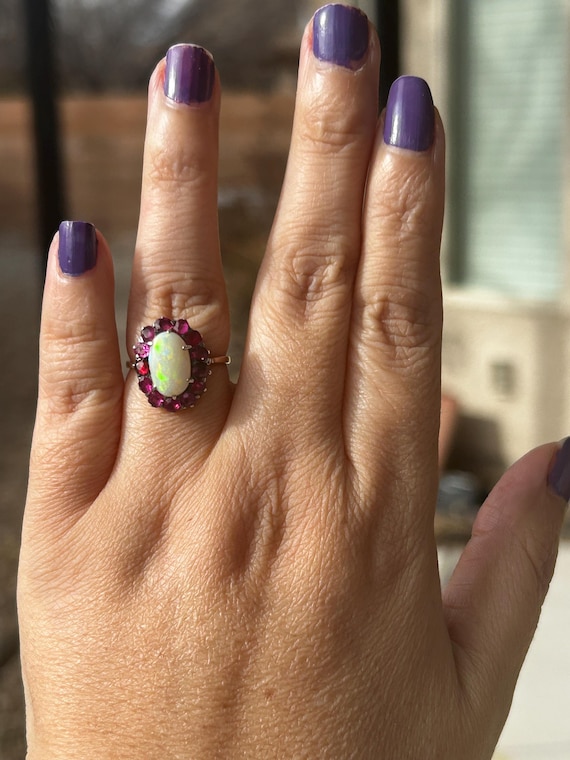 Vintage 9ct Opal and Ruby Cluster Ring - image 3