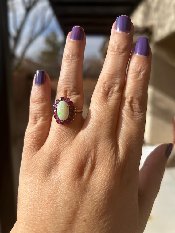 Vintage 9ct Opal and Ruby Cluster Ring - image 2