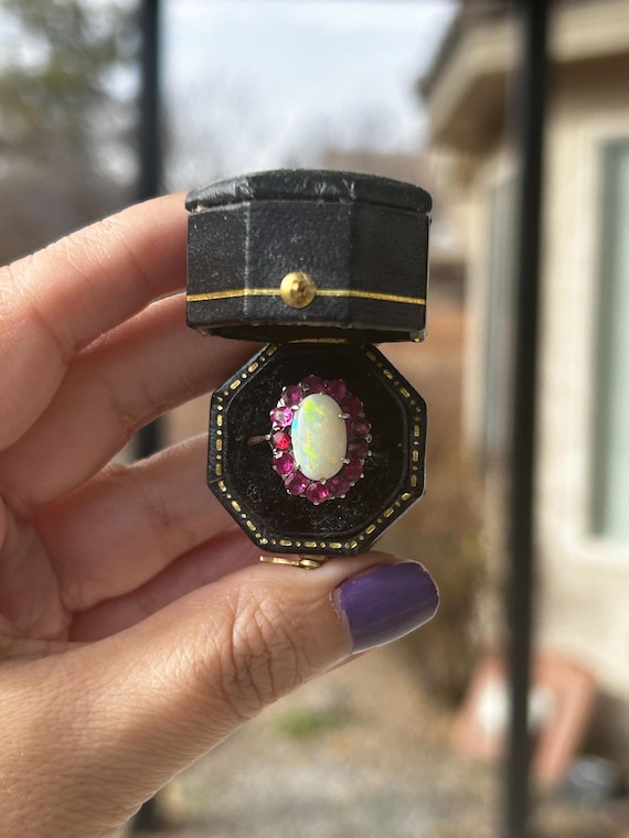 Vintage 9ct Opal and Ruby Cluster Ring - image 1