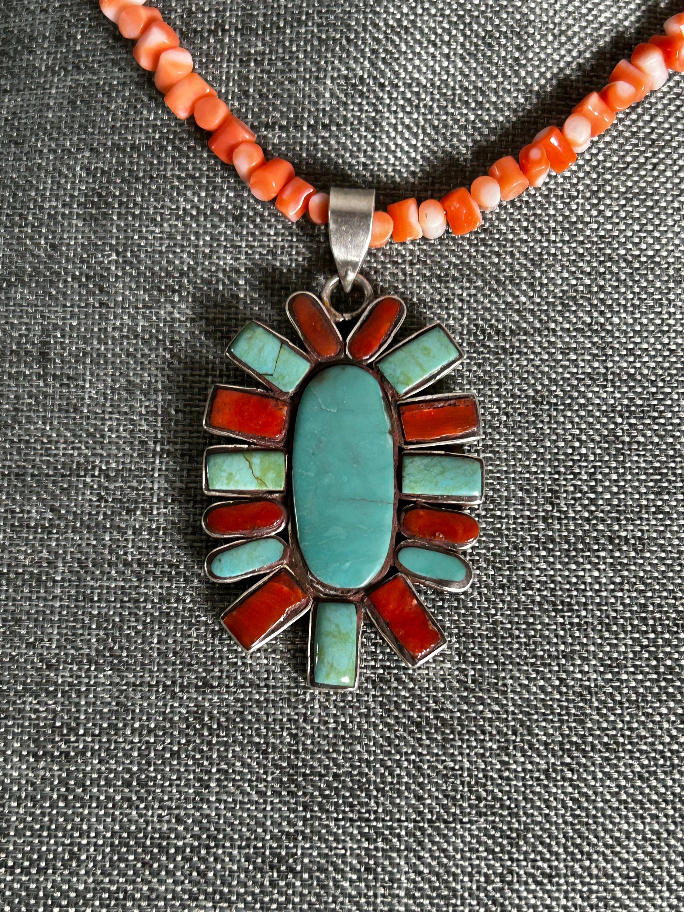 thumbnail image 2 of Vintage Southwestern Gradual Coral & Turquoise Beaded Necklace - Handmade In USA 2 of 6