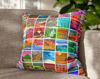 National Parks Throw Pillow | WPA Poster Art Style Gridline Pattern, Featuring 63 Park Names and Unique Colorful Graphics