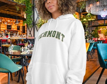 Distressed Vermont Champion Hoodie | State of Vermont Retro Style Hoodie with Distressed Collegiate Style Font, Retro Vermont Hoodie