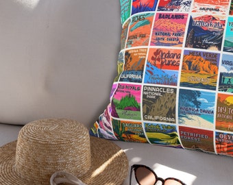 National Parks Outdoor Throw Pillow | 63 National Parks WPA Poster Style Art Retro Pattern Outdoor Pillow, National Parks Bucket list Gift
