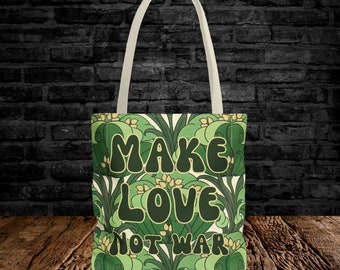 Make Love Not War Tote Bag | World Peace Over the Shoulder Bag, Vintage Style Peace Tote Bag