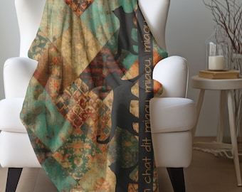 Rustic Patchwork Cat Blanket | Cat Lover Blanket, Vintage Style Distressed Cat Silhouette French Pattern Blanket