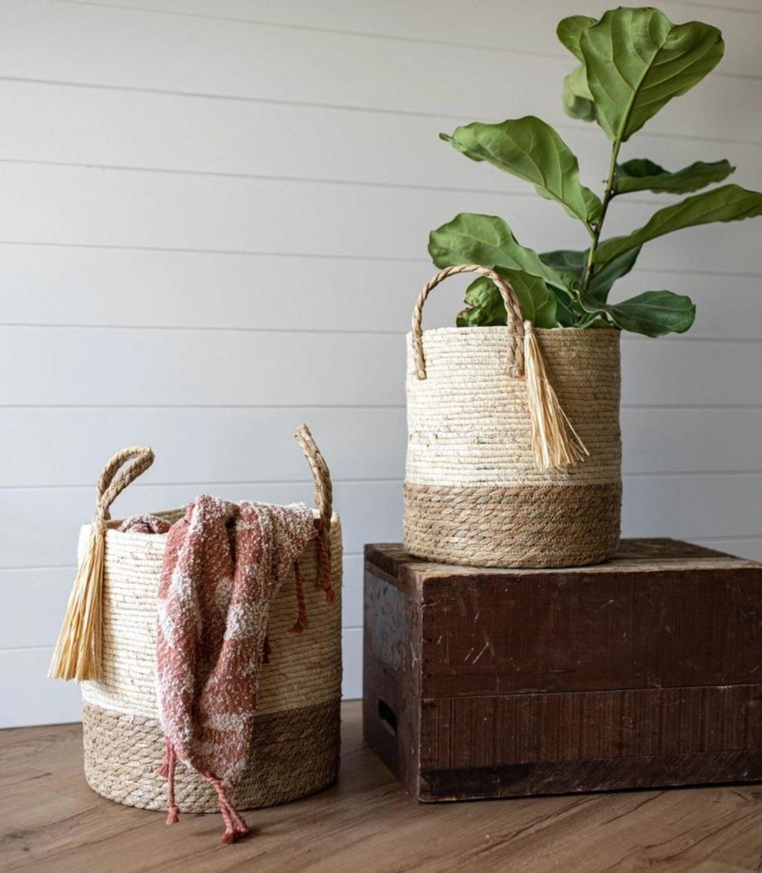 Set of 2 Adele Natural Woven Baskets Etsy